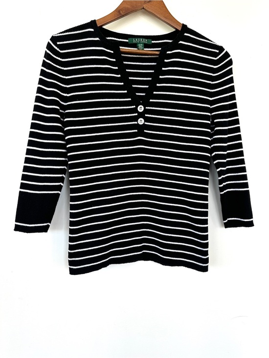 Lauren Ralph Lauren Tops - Lauren Ralph Lauren Black & White Striped V‑Neck Cotton Knit Top, 3/4 Sleeves